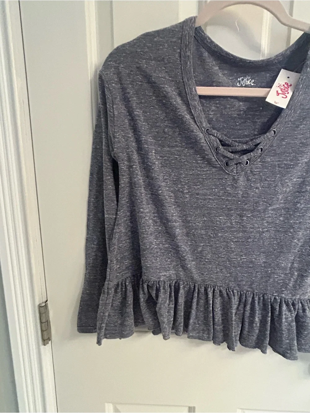 NWT-Justice Bluish/Gray Lace-Up Ruffle Hem Long Sleeve Top